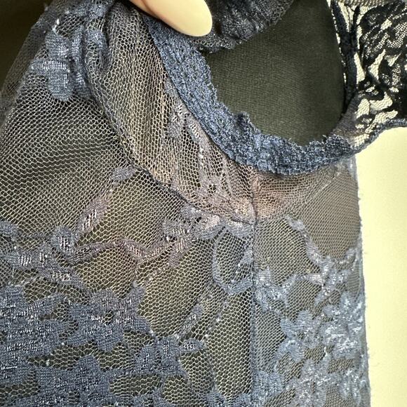 Y2k Down East Basics Womens S Navy Blue Stretchy Sheer Floral Lace T Shirt Top - Picture 9 of 11